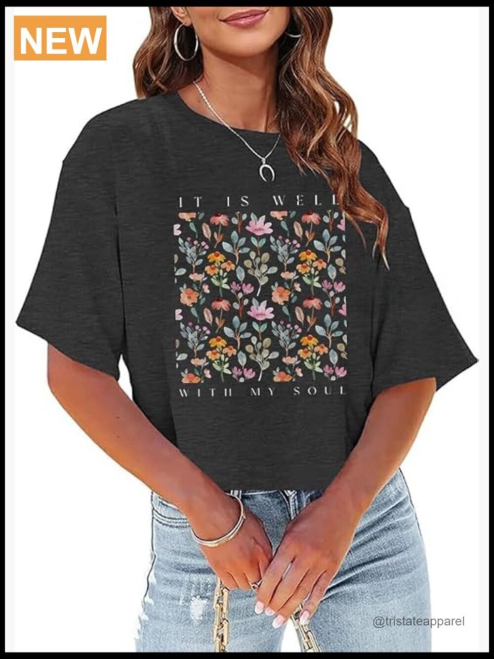 Cotton Blend Crop Tee w/ Wildflower Graphic Loose Summer Short Sleeve